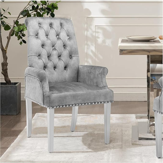 AODCHR Upholstered Velvet Accent Dining Chair, Elegant Tufted Dining Room Kitchen Room Arm Chair with Stainless Steel Leg, Light Grey