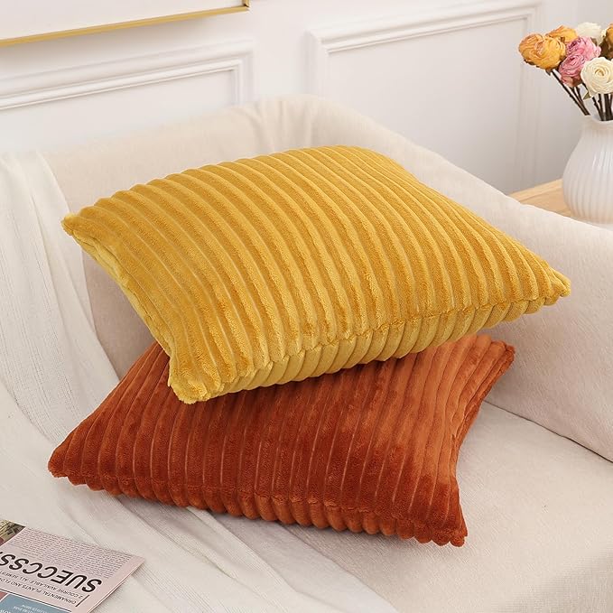 Simmore Decorative Fall Throw Pillow Covers 24x24 Set of 2, Soft Natural Plush Flannel Double-Sided Fluffy Couch Pillow Covers for Sofa Living Room, Mustard Yellow