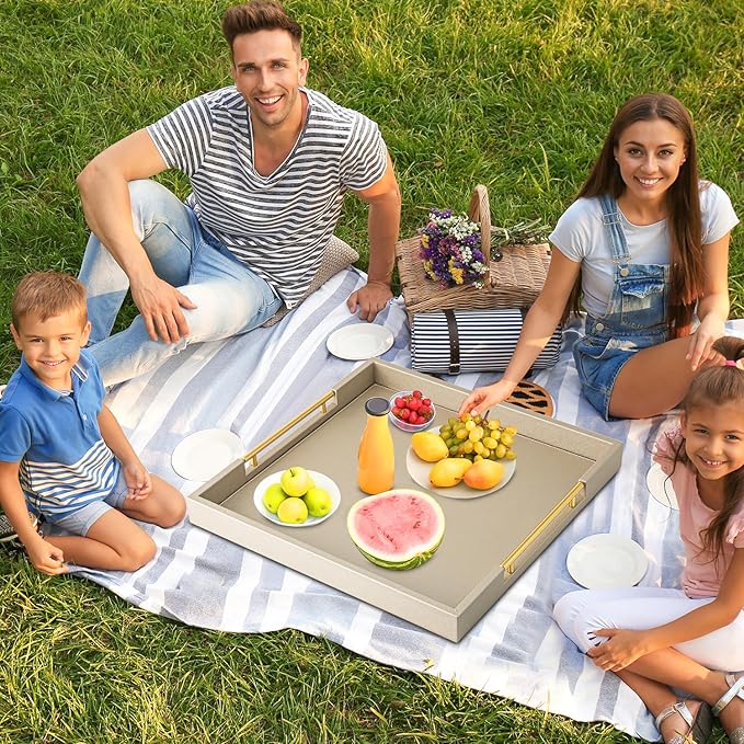 Champagne Faux Leather Serving Tray with Handles,20x20inches, Large Decorative Tray for Ottoman Coffee Table Decor Living Room, Kitchen, Bathroom