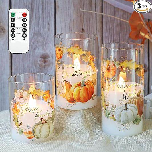 Fall Flameless LED Candles with Remote Timer Set of 3 Warm Lights DIM Home Decor Battery Operated Pumpkin Maple Leaves Painting Harvest Ornament Autumn Thanksgiving