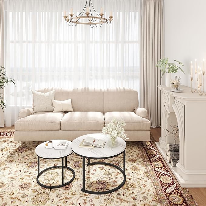 Round Nesting Coffee Table Set of 2, Black and White Faux Marble Top & Steel Frame, Modern Side End Tables for Living Room, Space Saving Accent Cocktail Table