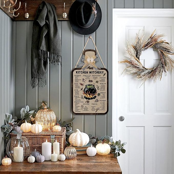 HPNIUB Witchcraft Knowledge Sign Decor,Halloween Witch Decor Kitchen Witches Herbalists Sign,Wizards Sign Meanings Plaque Vintage Wall Decor Home Party Supplies Vintage Color