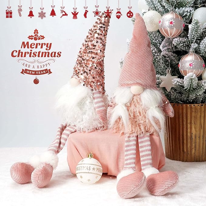 HMASYO Pink Couple Christmas Swedish Gnomes - 2Packs Handmade Swedish Tomte Santa Figurine Plush Elf with Sequin Hat, Long Leg Gnomes Plush Elf Xmas Decor Thanksgiving