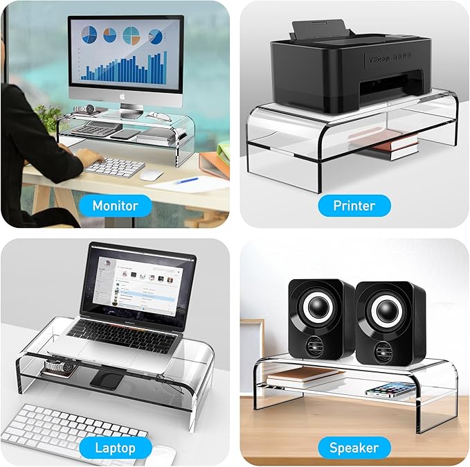 AboveTEK 2-Tier Acrylic Monitor Stand, Computer Riser for Home Office, Clear Monitor Riser for Keyboard Storage, 18.9" x 8.7" Multi Monitor Desk Stand for iMac Multi-Media Laptop Printer TV