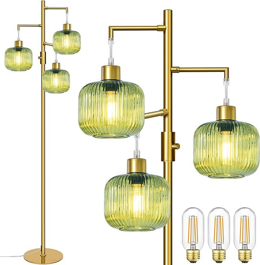 Glass Floor Lamps for Living Room, Stepless Dimmable Tree Standing Lamp with Green Lamp Shape, 69In Modern Tall Lamps for Bedroom, Rotary Switch, 3×600LM LED Bulbs Included
