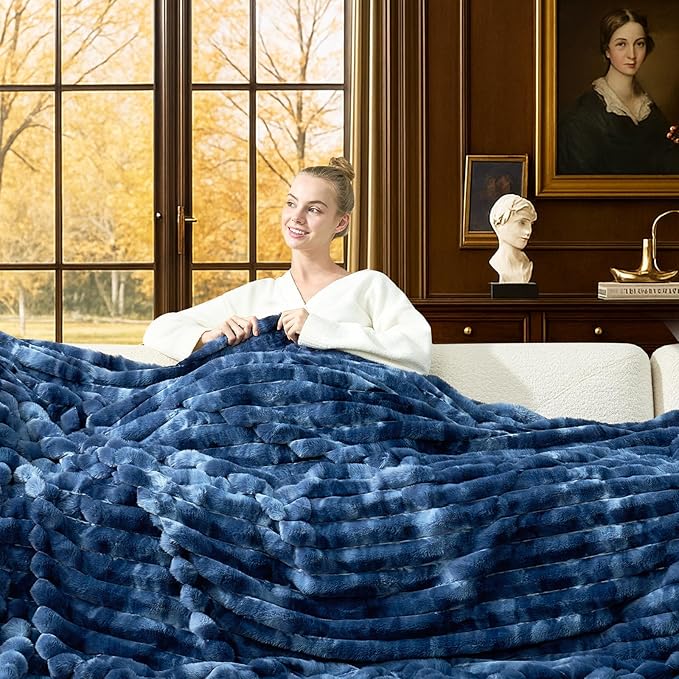 Cozy Bliss Faux Fur Throw Blanket for Couch, Cozy Warm Plush Striped Blanket for Sofa Bedroom Living Room, 108 * 90 Inches Tie-dye Blue