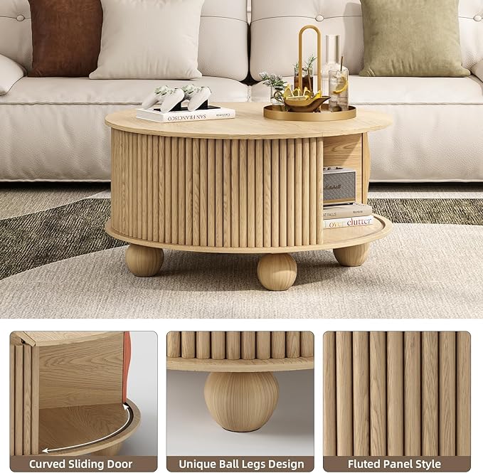 Round Coffee Table with Storage,31.5" Modern Coffee Table with Sliding Tambour Door & Bun Feet,Fluted Center Table for Living Room, Small Space,Oak