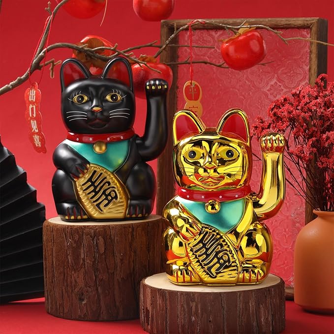 2 Pcs 7 Inch Lucky Cat Waving Arm Maneki Neko Lucky Fortune Cat Fengshui Welcoming Decoration for Home Office Restaurant Shop Gifts Decor Battery Operated (Battery Not Included)