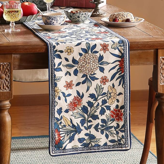 patdrea Designer Blue Cottage Rustic Floral Patterned Extra Long,Wrinkle Resistant Linen Table Runner 118 Inch Long,Decoration for Kitchen Dining and Coffee Tables Banquet Christmas , 12"x118"