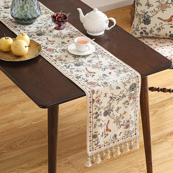 ISAENNE Designer Linen Table Runner 118 Inches Extra Long,Elegant Floral Bird Pattern Table Runners for Dining Room,Farmhouse Rustic Kitchen Decor,Thanksgiving,Christmas,12"*118"-Cornucopia