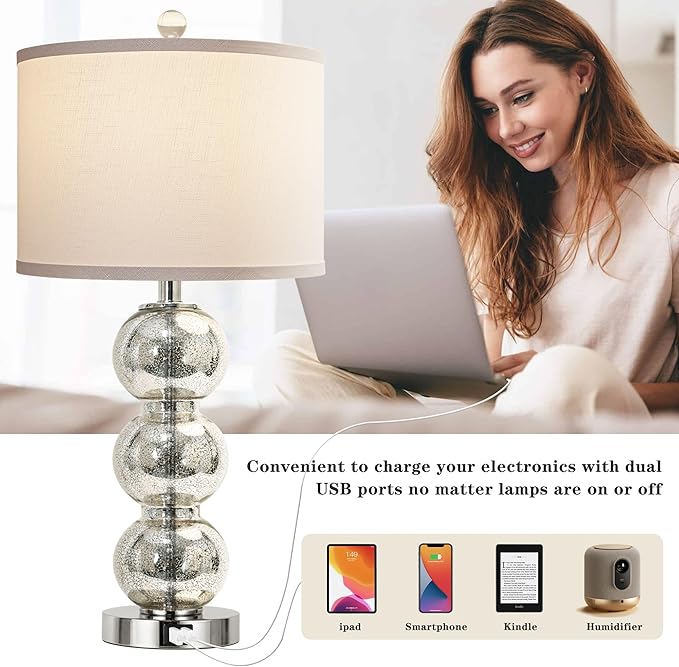 Set of 2 Table Lamps for Living Room Glass Triple-Sphere 27" Tall Table Lamp Contemporary Bedside Desk Nightstand Lamp for Bedroom Living Room Office, Mercury Silver/Chrome