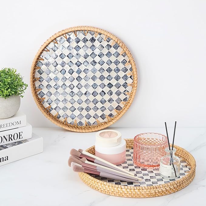 Round Rattan Tray with Mother of Pearl Inlay, Rattan Serving Tray with Wooden Base, Decorative Wicker Basket for Table Decor, Storage and Display of Coffee Bread Food Fruit (Checkerboard 11.8")