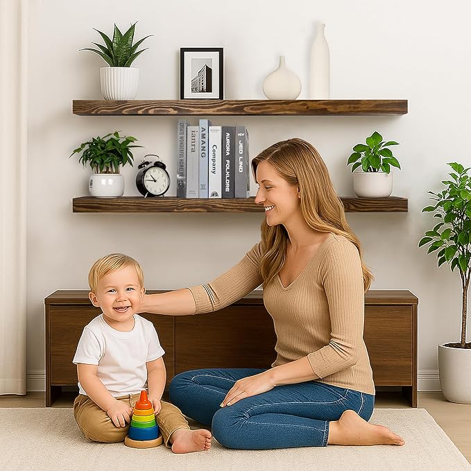 Walnut Floating Shelves 60 Inch Long 8-in Deep Set of 2, High End Real Solid Wood Floating Shelves for Wall,Suitable for Kitchen and Coffee Bar, with Sturdy Hidden Bracket