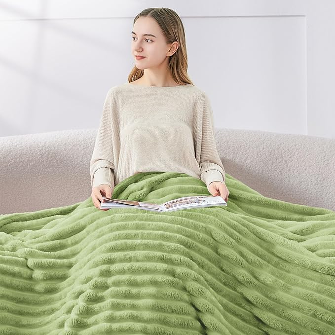 BEDELITE King Size Blanket for Bed, 300GSM Soft & Warm Fleece Blanket, Decorative and Giftable Striped Grass Green Blankets for Women, Men, 108"x90"