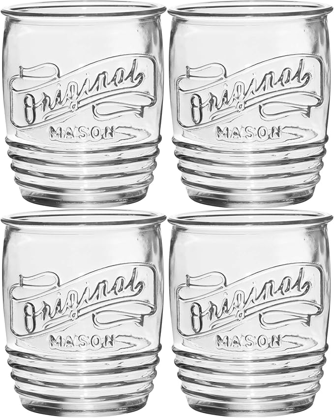 Glaver's Drinking Glasses Set of 4 Original Mason Whiskey 13 Oz Genuine Artisan-Made Vintage Italian Tumbler Glassware Set for Refreshing Drinks, Beverages, Iced Tea