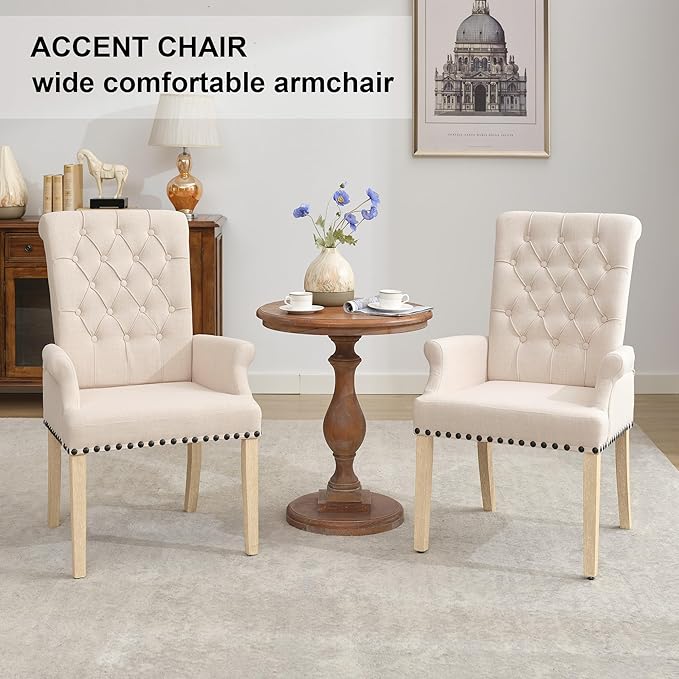 AODCHR Upholstered Fabric Accent Dining Chair Set of 6, Elegant Tufted Dining Room Chair, Kitchen Room 2 Arm Chair with 4 Armless Chairs, Beige