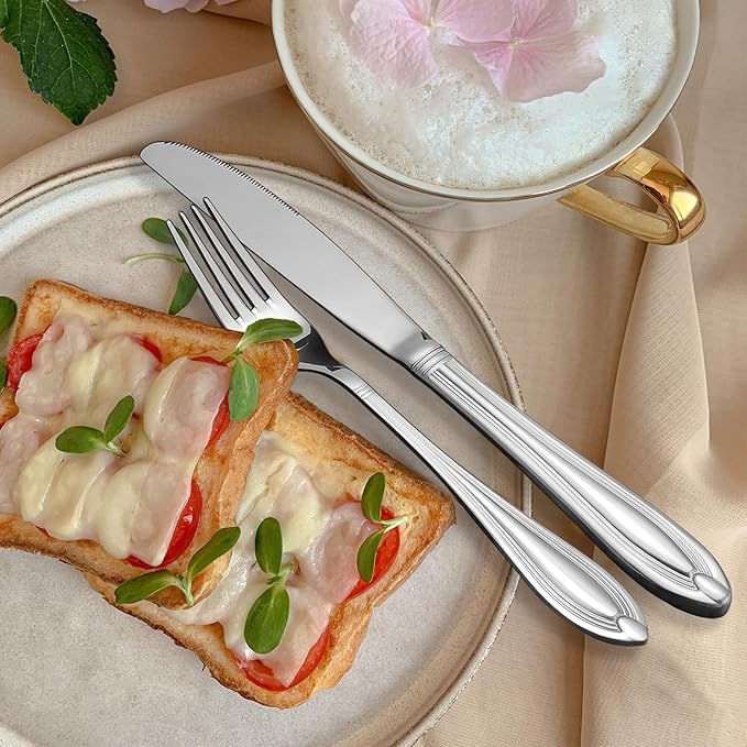 Silverware Set for 8, 40-Piece Flatware Set Include Spoons And Forks Set, Stainless Steel Cutlery Set with Line Pattern, Mirror Polished, Dishwasher Safe.