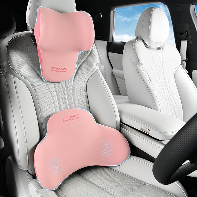 Coverado Lumbar Support and Headrest Pillow for Car, Memory Foam Ergonomic Head Neck Support Pillow for Driving Seat, Back Support and Pain Relief, Seat Cushion for Car, Driver, Office
