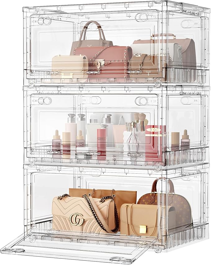 BROVIEW Clear Stackable Storage Bins Drawers, 240Qt Open Front Large Plastic Storage Bins with Lids and Wheels, Foldable Closet Organizers and Storage for Wardrobe Cabinets, Pantry, Makeup,3 Pack