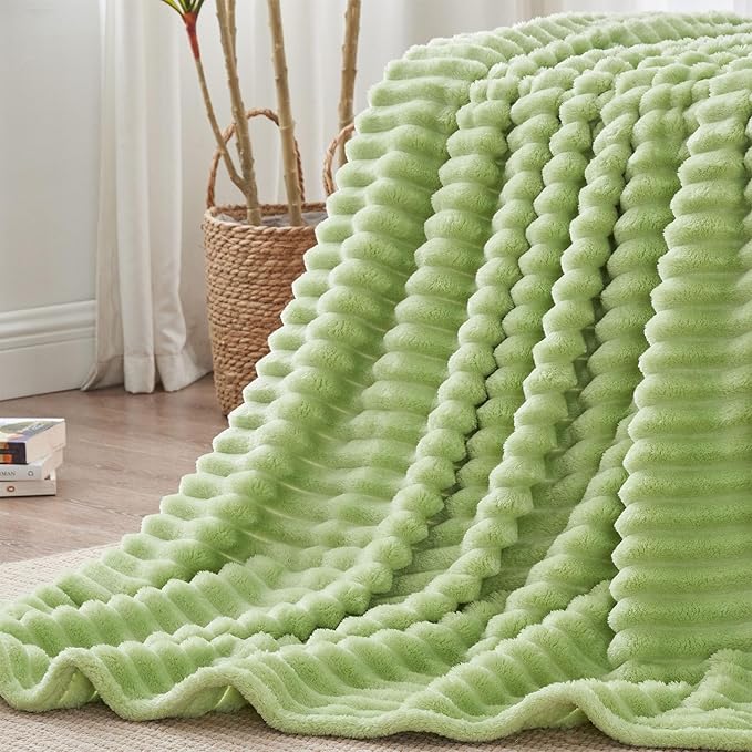 BEDELITE King Size Blanket for Bed, 300GSM Soft & Warm Fleece Blanket, Decorative and Giftable Striped Grass Green Blankets for Women, Men, 108"x90"