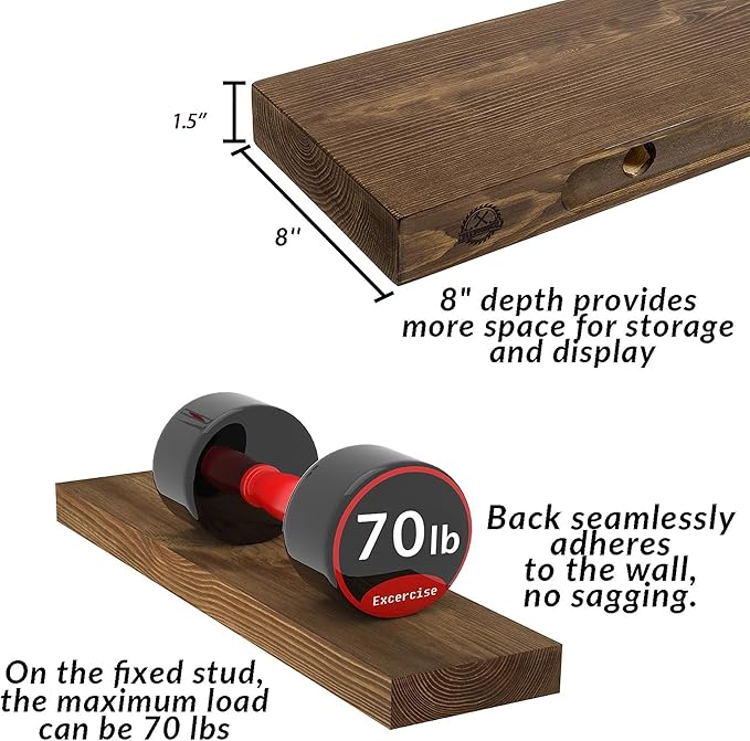 Wood Floating Shelves,48 inch Rustic Wood Wall Shelves for Bathroom Living Room Bedroom Kitchen Farmhouse Laundry Room Set of 2,Handmade-Thickened Wall Shelf (Black Walnut, 48''x8''x1.5'')