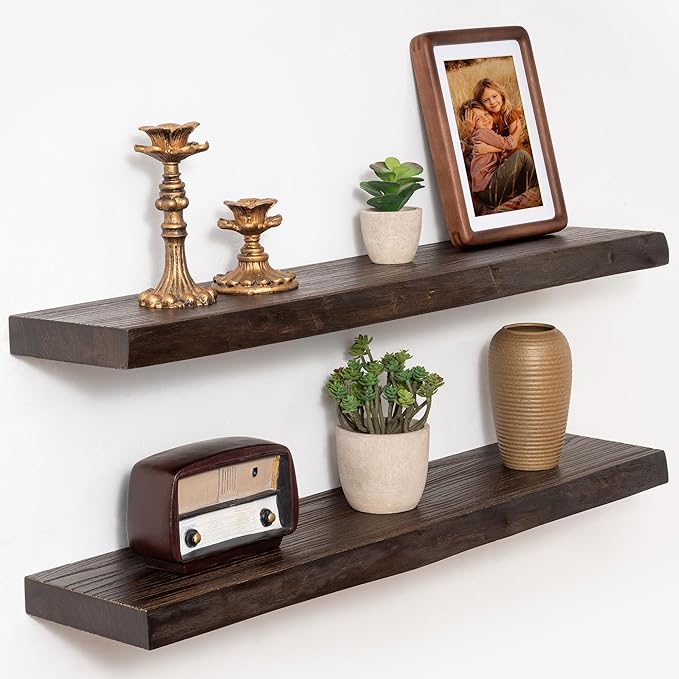 Marsmiles 30 inch Floating Shelves for Wall Elm Wood Live Edge Shelves|Rustic Wall Shelves with Invisible Heavy-Duty Bracket for Bathroom Living Room Kitchen|Walnut, 2 Pack