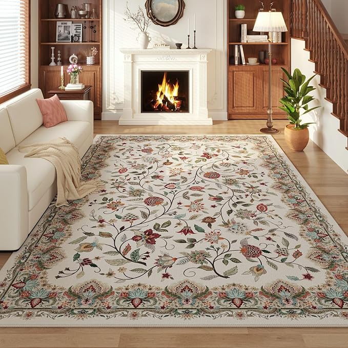 Rugcomf Vintage Paisley Rugs for Living Room 5'x7' - Machine Washable Area Rug, Non-Slip Low Pile Floral Carpet for Bedroom, Dining Room, Farmhouse, Office, Kids Playroom - Beige