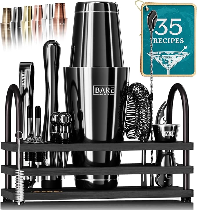 BARE BARREL® Mixology Bartender Kit Bar Set | 14-Piece Cocktail Shaker Set | Martini Barware Mixing Tools for Home Bartending | 35 Recipe Cards | Gift Set (28oz Boston Shaker, Jet Black/Black)