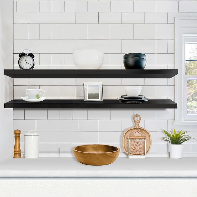 Sorbus Floating Shelves for Wall - 55 Inch Extra-Long Bathroom Shelves, Wall Decor for Bedroom, Kitchen, Living Room, Book Storage - Mounted Floating Shelf with Hidden Brackets (Black, 2 Pack)