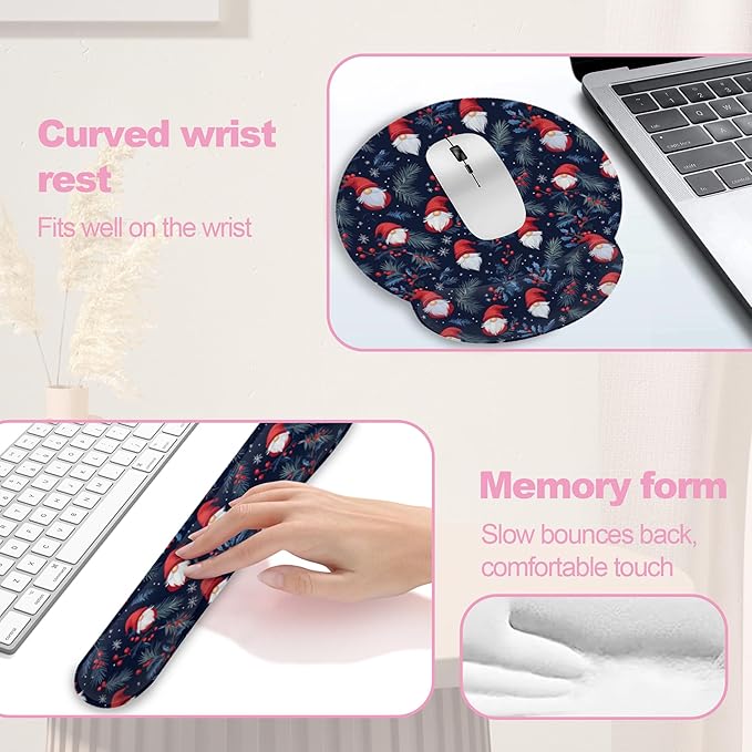 Christmas Santa Claus Berries Keyboard Wrist Rest Pad and Mouse Pad Wrist Support Set,3-in-1 Ergonomic Mouse Pad with Non-Slip Rubber Base for Home Office Game Computers Desk,