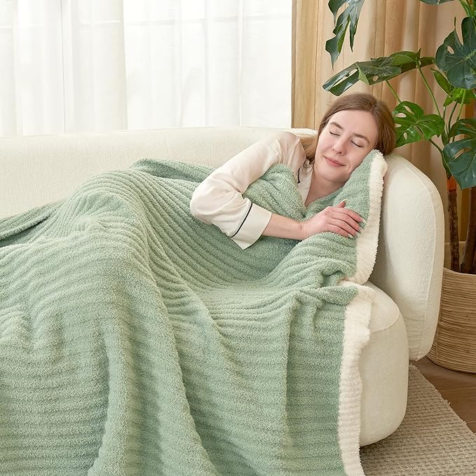 Snuggle Sac Fluffy Ribbed Sage Green Blanket Twin Size, Soft Luxurious Knit Fuzzy Microfiber Blankets for Sofa, Bed, Sage Green, 60x80 inches