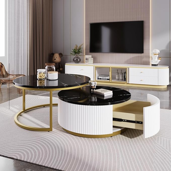 27.6" Modern Round Nesting Coffee Table Fluted with Drawer for Living Room in Black & Gold