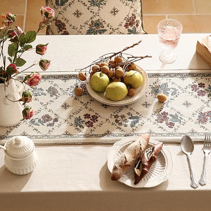 patdrea Designer Vintage Floral Linen Table Runner 102 Inch Long,Beige Cottage Rustic Bouquets Pattern Table Mat,Decor for Kitchen Dining Table Coffee Table Cabinet Banquet Christmas ,12"*102"