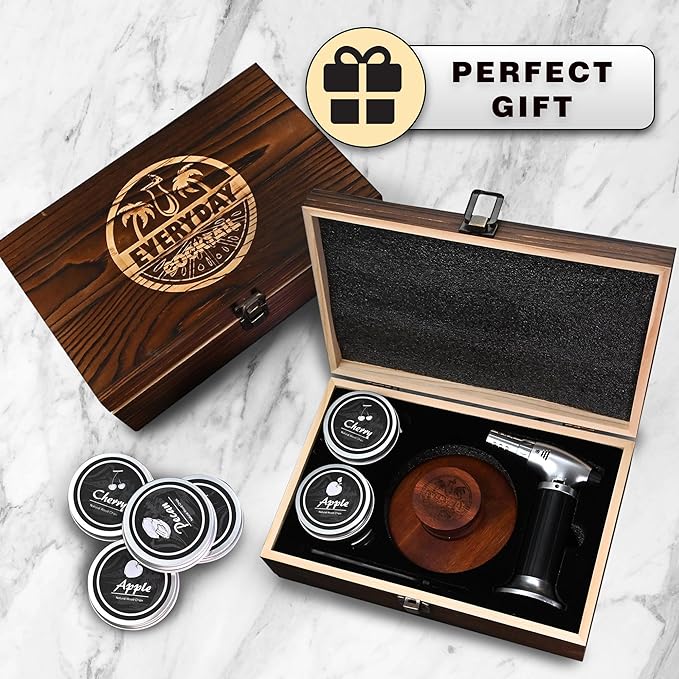 EVERYDAY COCKTAIL® | Whiskey Smoker Kit with Torch – Old Fashioned Smoker Kit with 4 Flavors Wood Chips – Deluxe Whisky Smoker Kit Gifts for Him Men Dad Gifts – Elegant Wooden Box Bourbon Smoker Kit