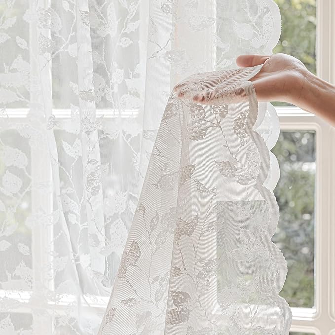 96-Inch White Lace Sheer Curtains – Vintage Leaf Pattern Lace for Bedroom/Living Room, Light Filtering Rod Pocket Drapes, Privacy Chic Window Treatments, 52W x 96L Inch, 2-Panel Set