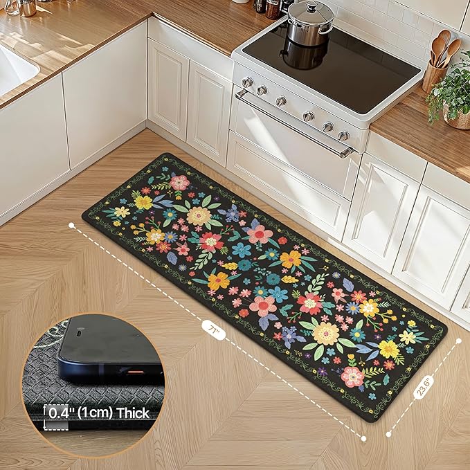 GENIMO Kitchen Mats for Floor, Cushioned Kitchen Rugs Non Slip Washable, Farmhouse Anti Fatigue Mat Waterproof, Comfort Standing Foam Mat Rug for Laundry, Office, Home, Sink, Desk, 23.6"x71", Black