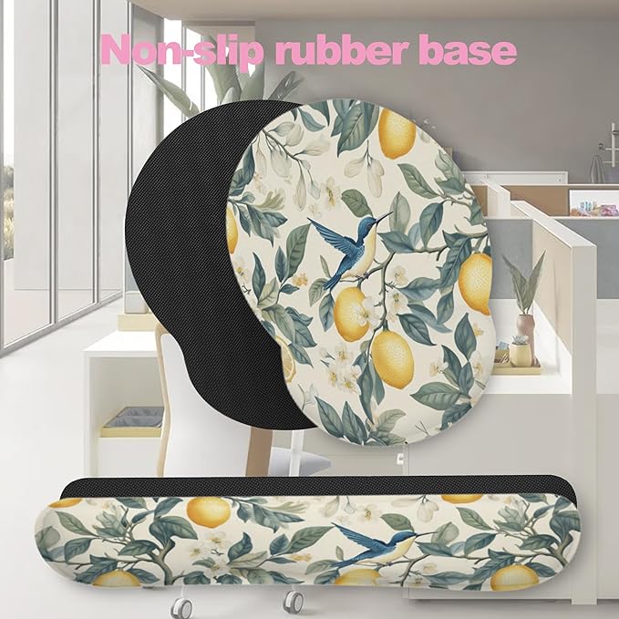 Hummingbird Vintage Lemon Mouse Pad with Wrist Rest Set, 3-in-1 Wrist Support Mousepad Set, Gaming Mat Pad with Anti-Skid Base,Ergonomic Memory Foam Mouse Pad Set for Women, Office, Typing, Gaming