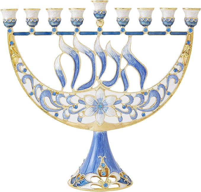Matashi Hand Painted Enamel Menorah Candelabra with Flower and Hanukkah Design with Gold Accents and Crystals Jewish Candle Holder Hanukkah Gift Housewarming Present Showpiece for Living Room
