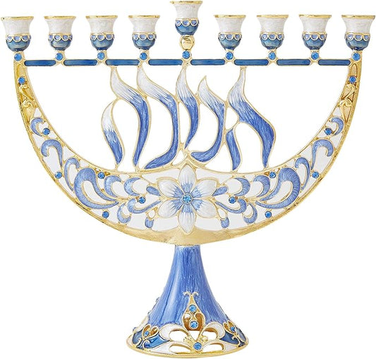 Matashi Hand Painted Enamel Menorah Candelabra with Flower and Hanukkah Design with Gold Accents and Crystals Jewish Candle Holder Hanukkah Gift Housewarming Present Showpiece for Living Room