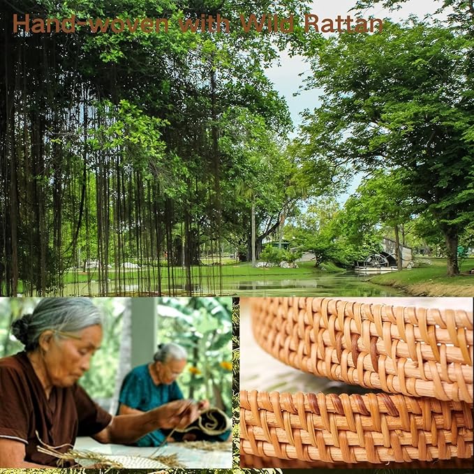 Round Rattan Serving Tray with Mother of Pearl Inlay & Coaster, Boho Wicker Basket, Decorative Coffee Table Tray for Table Decor, Storage and Display of Coffee Bread Fruit (Plume)