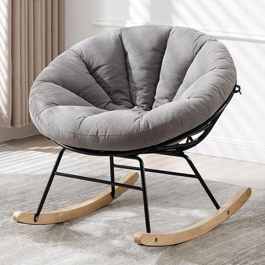 NIOIIKIT Nursery Saucer Rocking Chair, Corduroy Upholstered Round Glider Chair, Nursing Chair with Comfy Cushion, Tufted Papasan Chair, Cozy Reading Chair for Living Room, Bedroom (Grey)