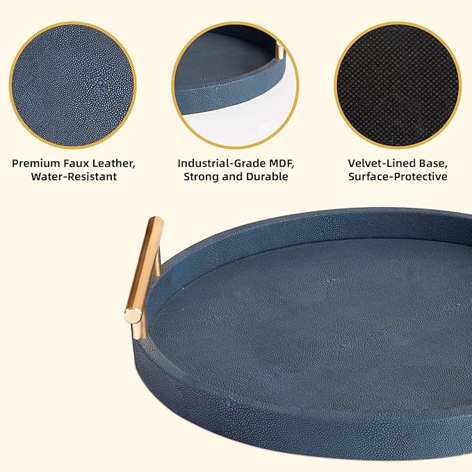 Modern Decorative Serving Tray, Round Shagreen Tray with Gold Polished Metal Handles, Decorative Trays Coffee Table Ottoman Trays for Living Room Bathroom Home Decor, Set of 2 (Blue)