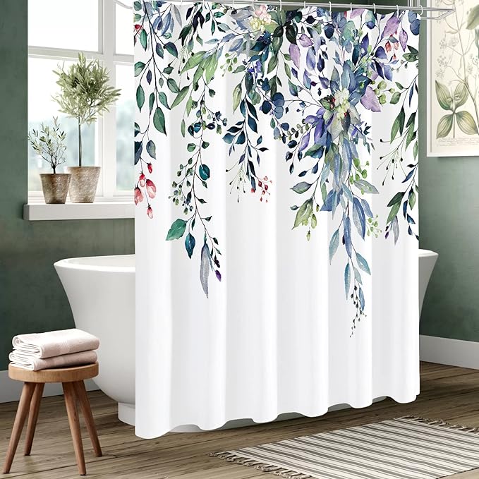 Gibelle Extra Long Shower Curtain 72 x 84, Green Eucalyptus Leaves Shower Curtain, Watercolor Floral Plant Bathroom Curtains Shower Set with Hooks