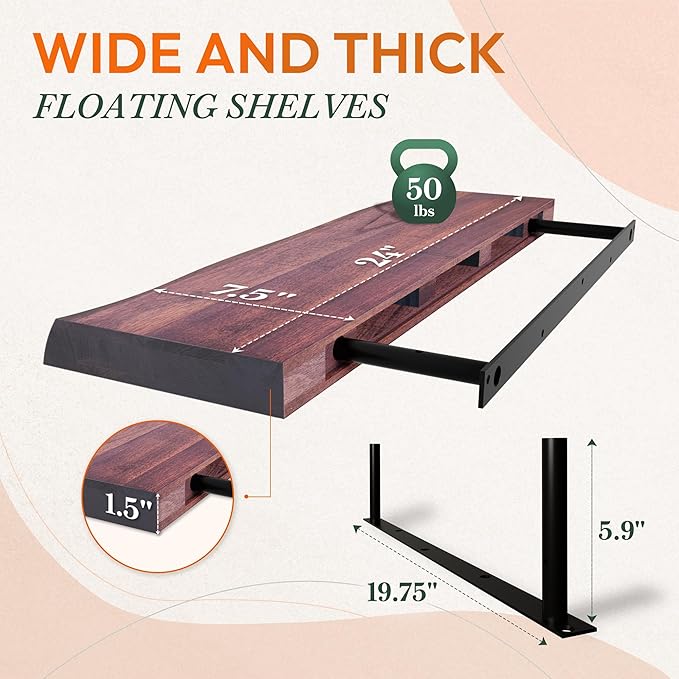 24" Acacia Live Edge Floating Shelves Set of 2 - Wall Mounted Wooden Shelf for Stylish Home Décor - Cherry Color 24x7.5x1.5 Inches