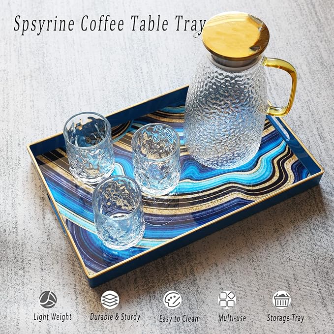 Spsyrine Decorative Tray, Plastic Rectangular Coffee Table Tray with Handles, Marble Serving Tray for Living Room, Ottoman, Bathroom Decor. 15.6” X 10.2".SLRE
