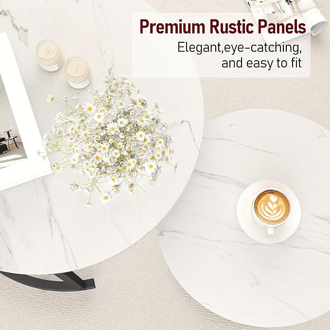 Round Nesting Coffee Table Set of 2, Black and White Faux Marble Top & Steel Frame, Modern Side End Tables for Living Room, Space Saving Accent Cocktail Table