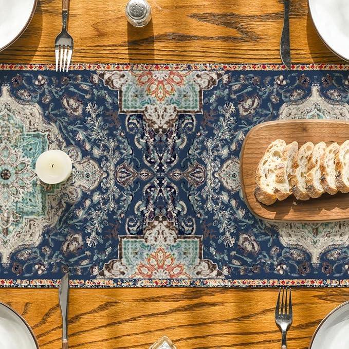 Artoid Mode Boho Bohemia Style Blue Table Runner, Country Rustic Farmhouse Magical Winter Kitchen Dining Table Decoration for Home Party Decor 13x72 Inch