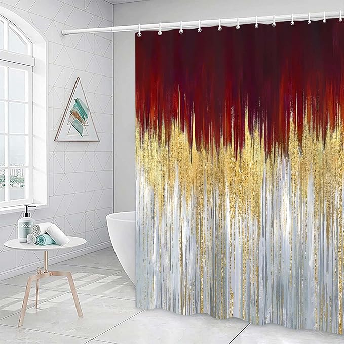 JAWO Abstract Dark RedSh ower Curtain, Gold Blue Boho Ombre Minimalist Chic Art Shower Curtains, Modern Neutral Contemporary Striped Brush Strokes Tan Art Waterproof Bathroom Curtain with 12 Hooks