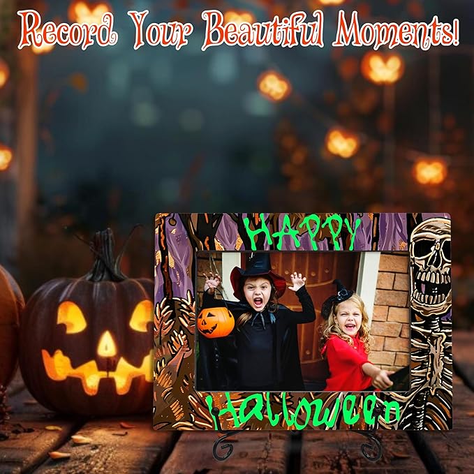 4X6 Halloween Picture Frame With A Metal Stand-Dark Style, Abstract Skeleton Print- Gifts for Kids Friends Family, Wooden Photo Frame For Tabletop Display, Halloween Theme- A27
