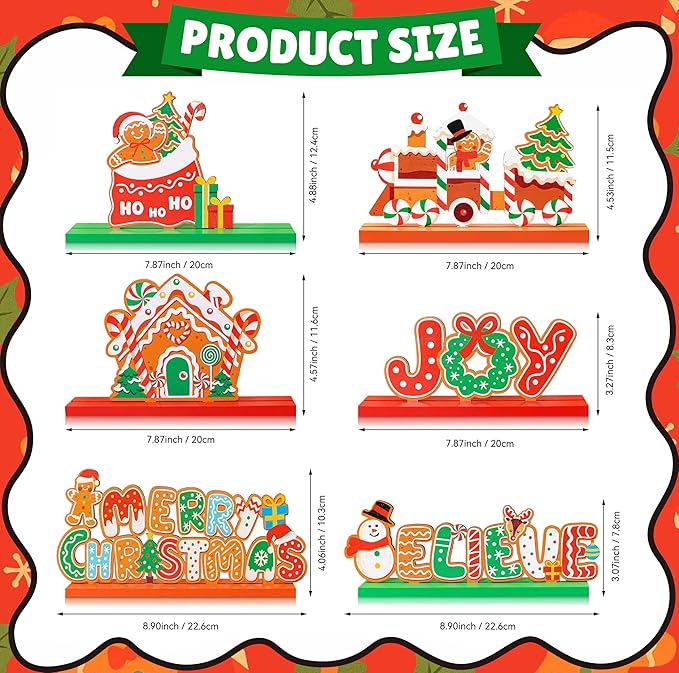 6PCS Christmas Table Decorations, Gingerbread Style Wooden Christmas Decorations, Seasonal Holiday Centerpieces, Winter Tabletop Display for Holiday Celebration, Xmas Home Decor